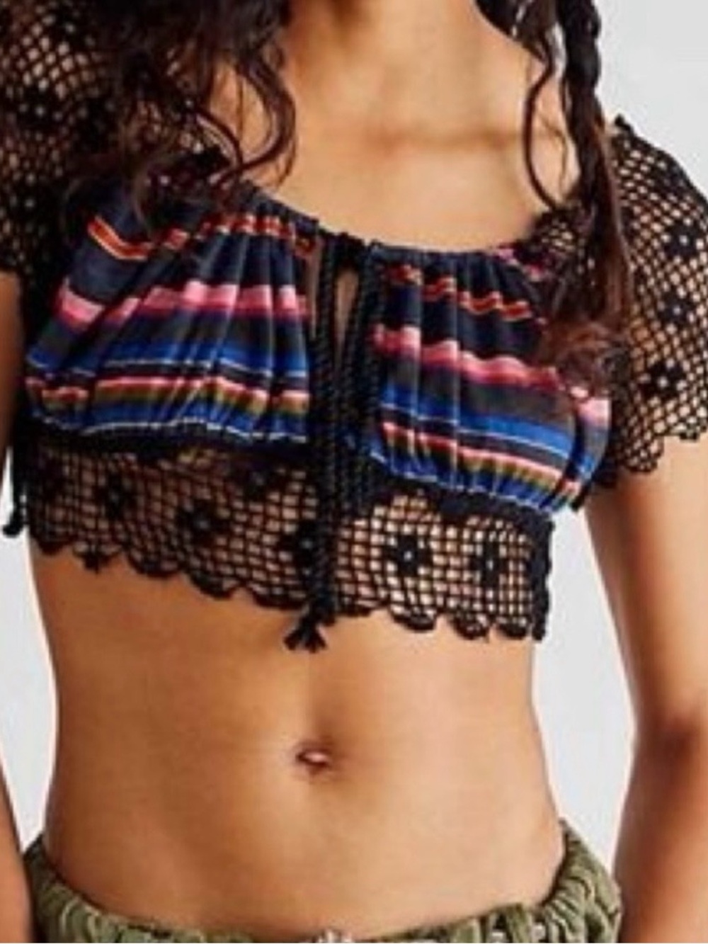 Black Crochet Sleeve Striped Crop Top